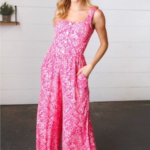 Haptics Fuchsia Boho Batik Print Button Sleeveless Jumpsuit